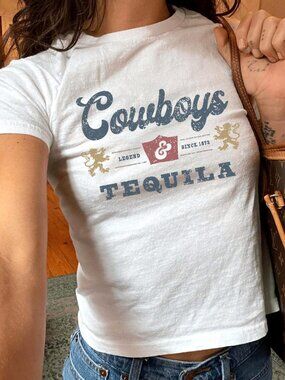 Cowboys & Tequila Baby Tee | Cowgirl Graphic Crop Top | Y2K Western Aesthetic